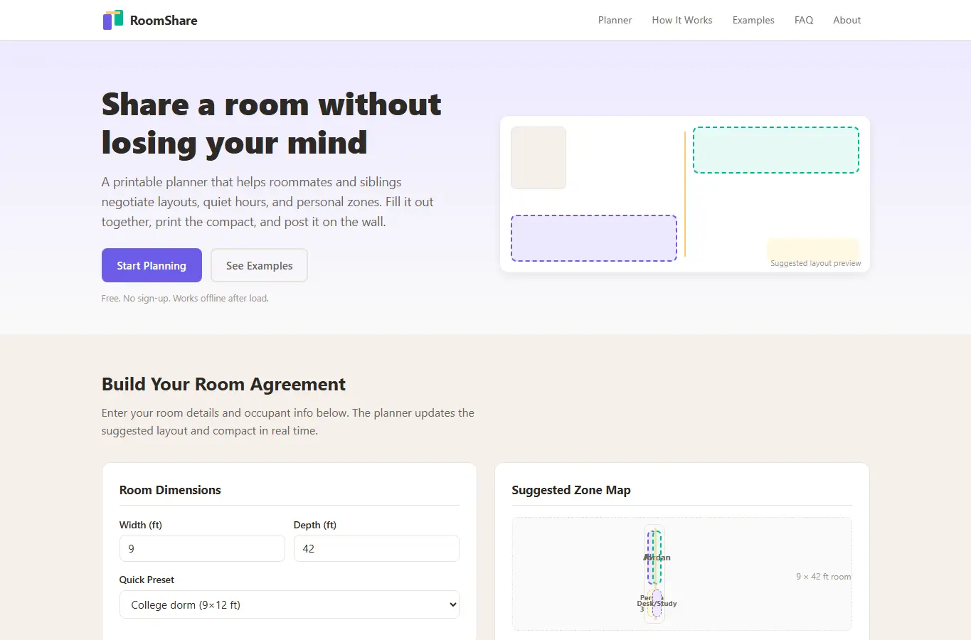 Screenshot of RoomShare: Shared Bedroom Space Negotiation Planner interface showing the project page in use